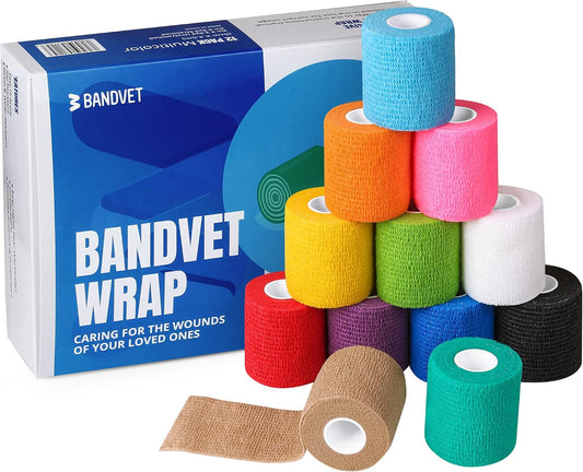 BANDVET WRAP Self Adhesive Bandage Wrap - Pack of 12 Assorted Colors, Breathable & Water-Resistant Vet Wrap for First Ai