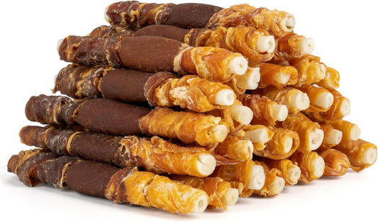 MON2SUN Dog Treats, 5 Inch Triple Flavor Wrapped Rawhide Sticks, 21.16oz