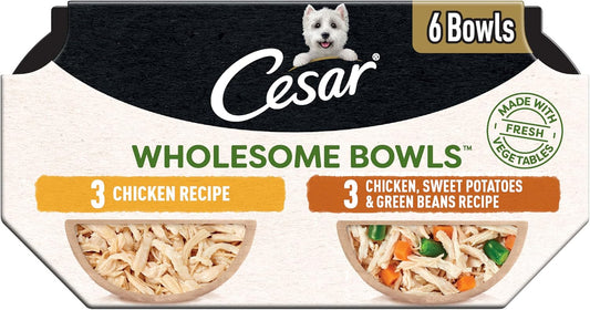 Cesar Wholesome Bowls Adult Wet Dog Food, Chicken Recipe and Chicken, Sweet Potatoes & Green Beans Recipe Variety Pack, Wet Food for Dogs, 3 Oz. Bowls, 6 Count