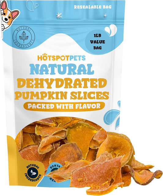 Dehydrated Natural Pumpkin Slices for Dogs- Crunchy Treats- 1lb Stay Fresh Resealable Bag, All-Natural- High Protein, Gr