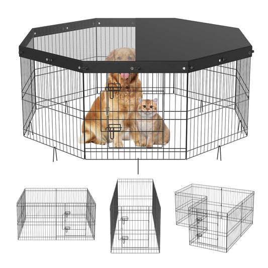 VEVOR Foldable Metal Dog Exercise Pen, Pet Puppy Playpen Yard Fence with Top Cover & Door, Indoor Outdoor 8 Panels 24" W x 24" H Dogs Crate Kennel with Ground Stakes for Small & Medium Dogs