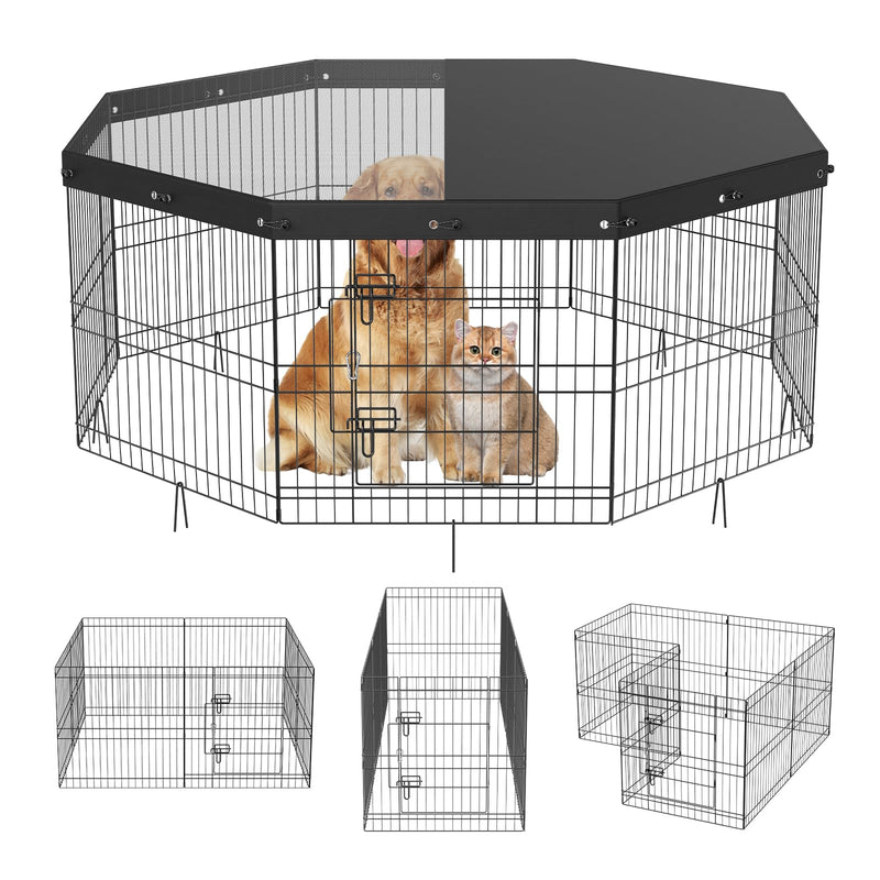 VEVOR Foldable Metal Dog Exercise Pen, Pet Puppy Playpen Yard Fence with Top Cover & Door, Indoor Outdoor 8 Panels 24
