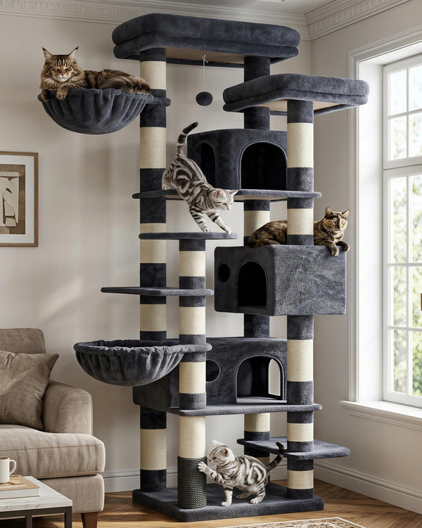 Hey-brother Cat Tree, 74 inches Multi-Level XL Large Cat Tower for Indoor Cats with Three Cat Condos, Two Large Top Decks and Cat Hairbrushfor Kittens, Cats and Pets, Smoky Gray MPJ035-MG