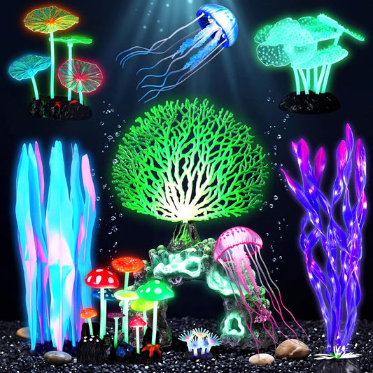 Frienda 8 Pcs Glowing Aquarium Fish Tank Decorations, Blue, Pink