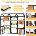 Trygoal Large Outdoor Cat Enclosure Wooden Catio, Multi-Level Cat Playpen with Weather-Resistant Roof, Resting Box, Climbing Ramps, Wire Mesh & 2 Plant Stands for Backyard Patio, Black
