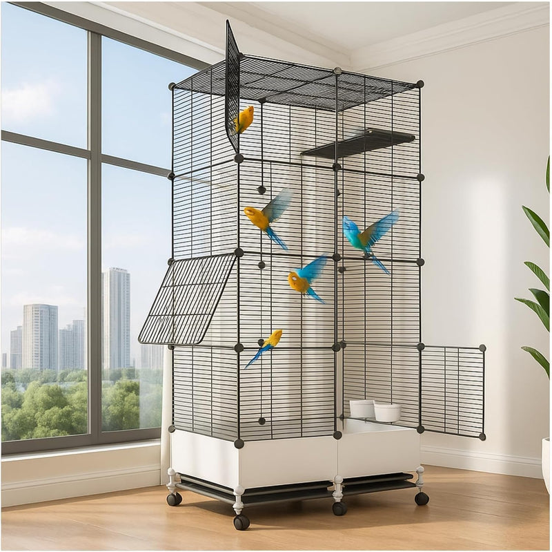 69in Large Forged Steel Birdcage, Comes with Bird Nest, Ladder, Hammock, Feeder, etc. Equipped with Wheels for Outdoor M
