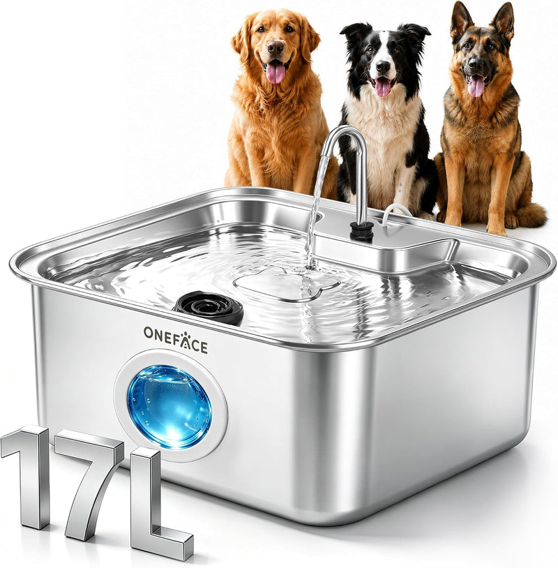 ONEFACE 4.5Gal Dog Water Fountain, 304 Stainless Steel, Quiet Large Dogs