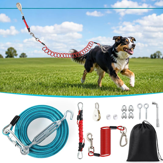 Tyalez 100FT Dog Run for Yard Heavy Duty with 10FT Tie Out Cable, Outdoor Leash Trolley System for Large Dog to 300Lbs