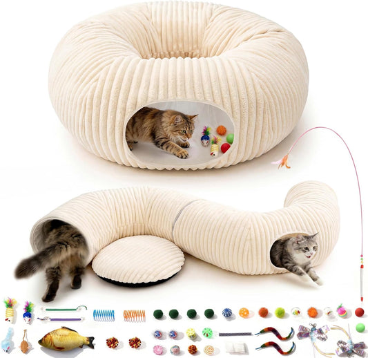 MOYMO Cat Tunnel Bed with 40 Pcs Interactive Cat Toys, Cat Tube with Kitten Toys for Indoor Kittens, Collapsible Play Tunnel, White