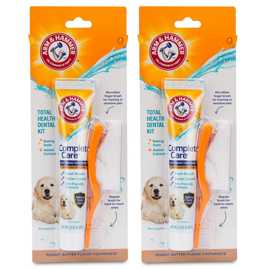 Arm & Hammer Complete Care Puppy Dental Kit, Enzymatic Toothpaste with Baking Soda and Calcium for Dogs, Peanut Butter Flavor, Toothbrush and Microfiber Brush Included, Fluoride-Free, 2.5 Oz - 2 Pack