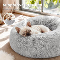 Love's cabin Calming Cat Bed for Indoor Cats, Anti-Anxiety Donut Round Dog Bed, Fluffy Faux Fur Washable Pet Bed for Small Medium Dogs and Cats,Grey,20in