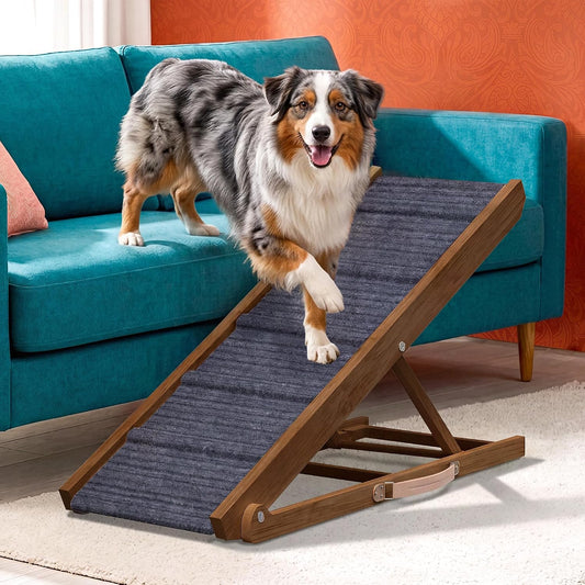 PATHOSIO PETS Adjustable Dog Ramp for Bed - 39" Long Foldable Wooden Ramp for Dogs to Get on Bed, Couch, or Car with 13.4" Wide Walking Space (Walnut Wood with Gray Carpet)