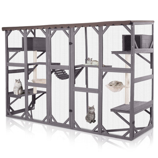 GUTINNEEN Extra-Large Catio, 104" Wall-Mounted Outdoor Cat Enclosure - Cat House Window Box Walk-in Cat Kennel Shelter with Weatherproof Roof, 2 Scratching Posts, 2 Hammocks & Bridge for 6-8 Cats