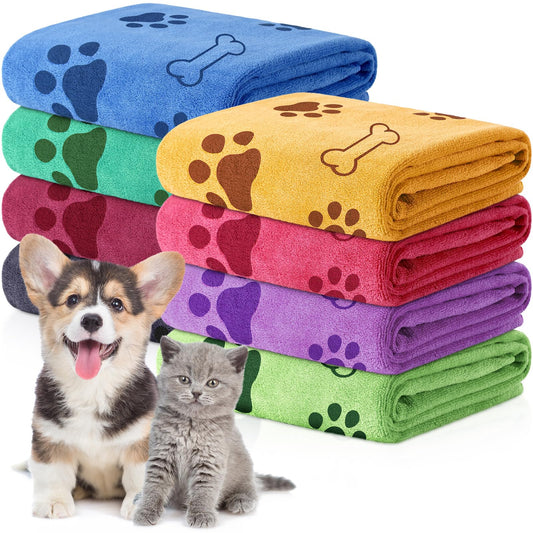 Chumia 8 Pcs Dog Towels for Drying Dogs Cats Pet Towels Bulk Puppy Microfiber Fast Drying Paw Bath Bathing Supplies Absorbent for Medium Pets(18 x 28 Inch,Dog Paw and Bone,Colorful)