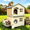 Insulated Outdoor Cat House Weatherproof for Feral Multi Cat, 2 Story Plastic Elevated Cat Shelter with Escape Door, Scratching Post, Stainless Steel Bowl, Grey 21.5" D x 21" W x 34" H