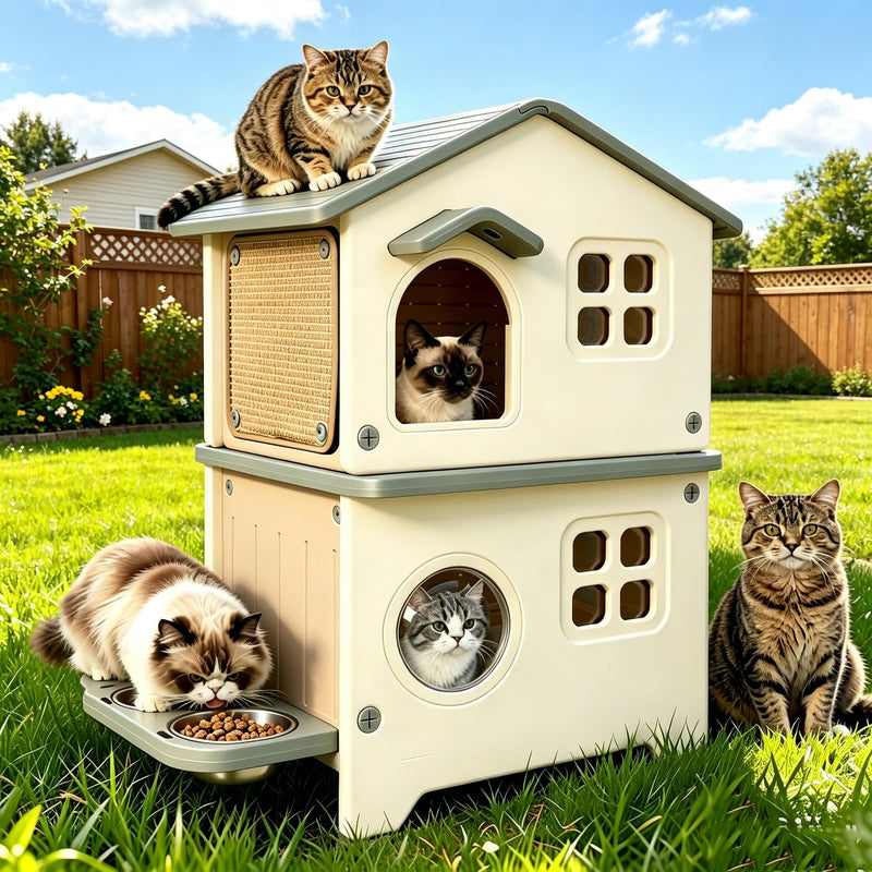 Insulated Outdoor Cat House Weatherproof for Feral Multi Cat, 2 Story Plastic Elevated Cat Shelter with Escape Door, Scratching Post, Stainless Steel Bowl, Grey 21.5