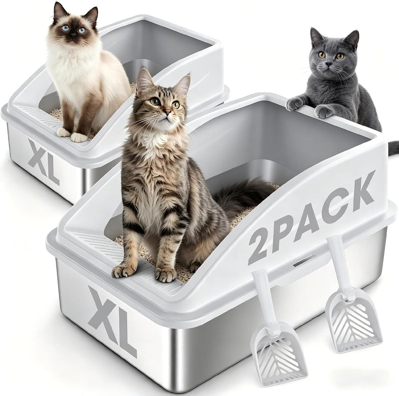 2 Pack Stainless Steel Litter Box | XL Enclosed Cat Litter Boxes with Lid for Big Cats and Multi-Cats | High Sided, Anti
