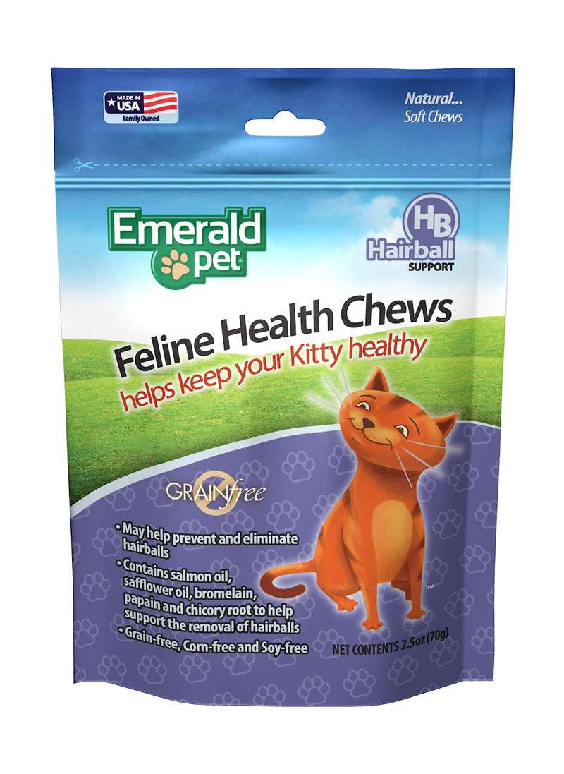 Emerald Pet Feline Health Chews Hairball Support — Natural Grain Free Feline Hairball Control Chews — Hairball Control Cat Supplements for Hairball Prevention and Elimination — Made in USA, 2.5 oz