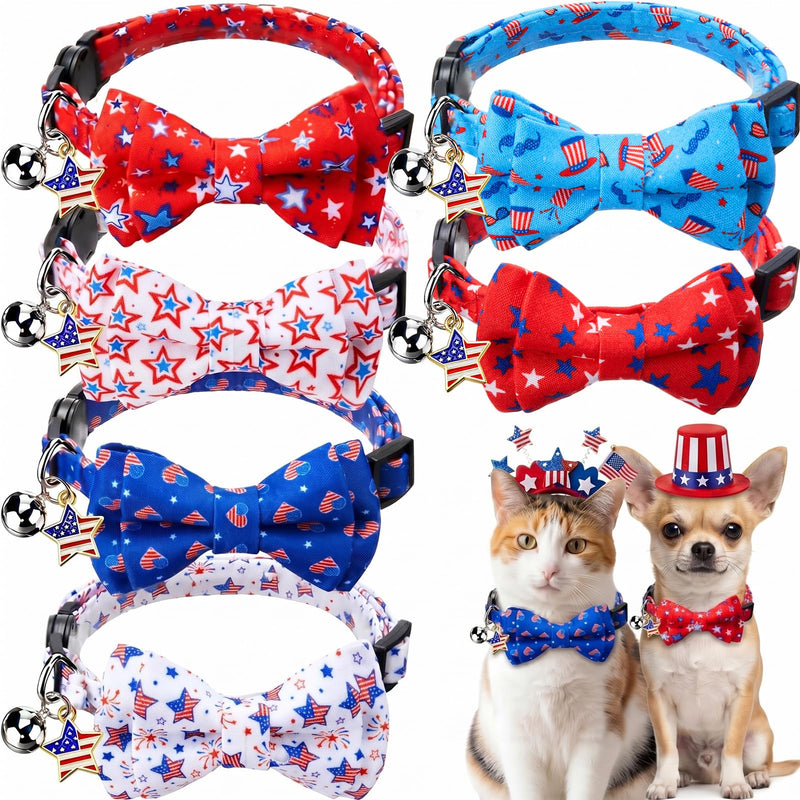Hsei 6 Pcs Pariotic Cat Bow Collars 4th of July 250th Anniversary with Tie Bell Memorial Day USA Star Red Blue White Kitten Adjustable Breakaway Bowtie for Boy Girl Small Dog American Gifts