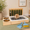 3 in 1 Rabbit Hay Feeder with Litter Box and 2 Bowls, Solid Wood Bunny Feeder Station with Adjustable Metal Hay Rack, Wa