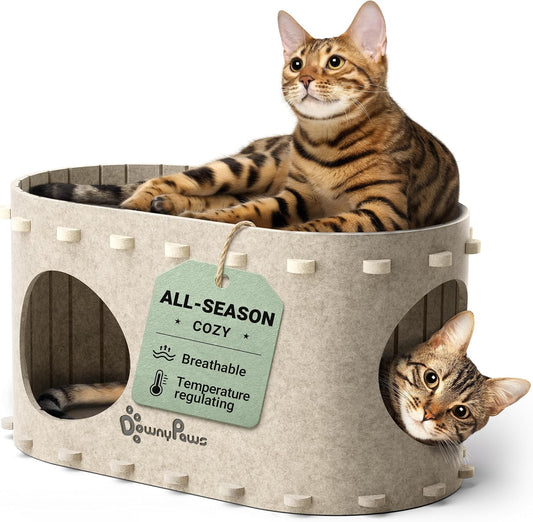DownyPaws Cat House for Indoor Cats, Cat Bed Cave for Multiple & Large Cats Up to 22 Lbs, Scratch Resistant, Foldable Peekaboo Kitten Caves Tunnel Enclosed Bed, PeekaPurr, Cream