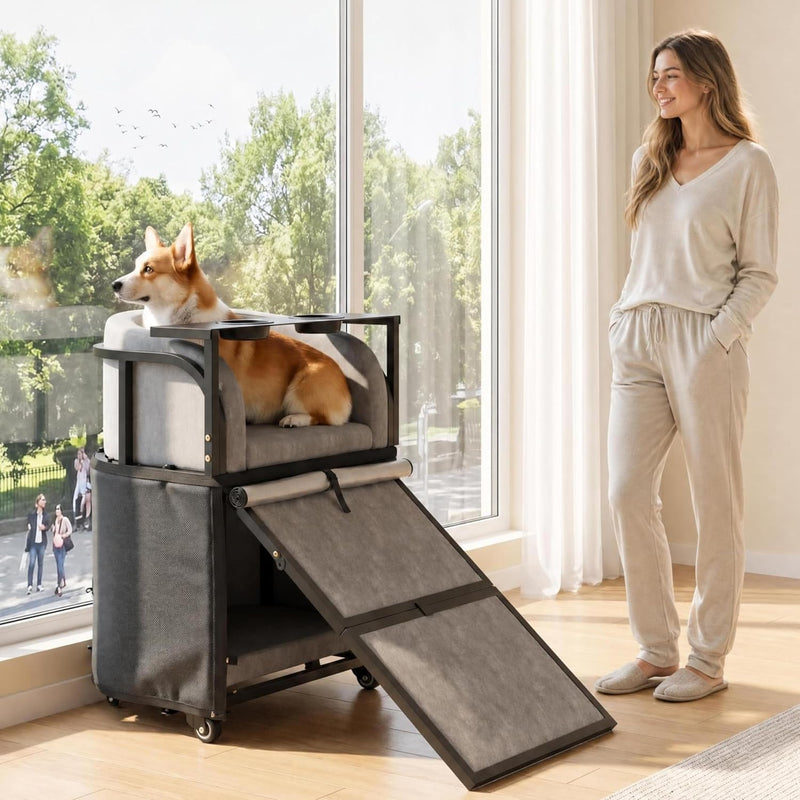Dog Window Perch with Stairs – 6-in-1 Velvet Pet Sofa with Ramp, Detachable Feeding Tray, Privacy Blackout Curtain, 360°