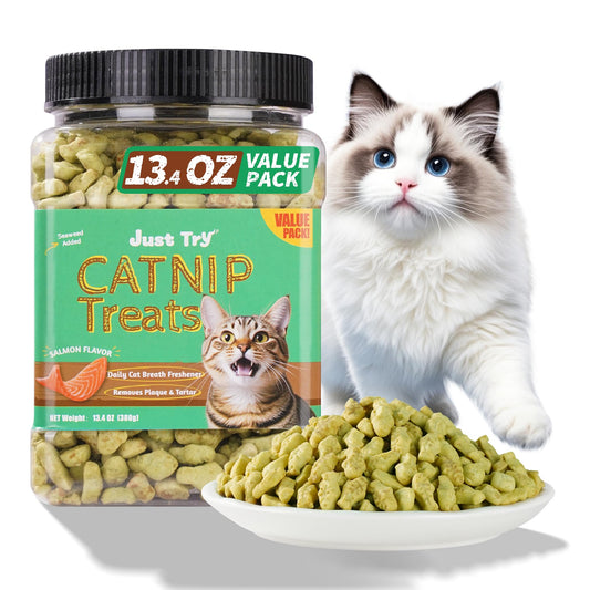 Just Try 13.4 OZ Crunchy Cat Treats Catnip Treats for Cats with Digestive Support, Natural Ingredients Kitten Treats with Real Salmon, Healthy Feline Snacks Training Biscuits Dental Care