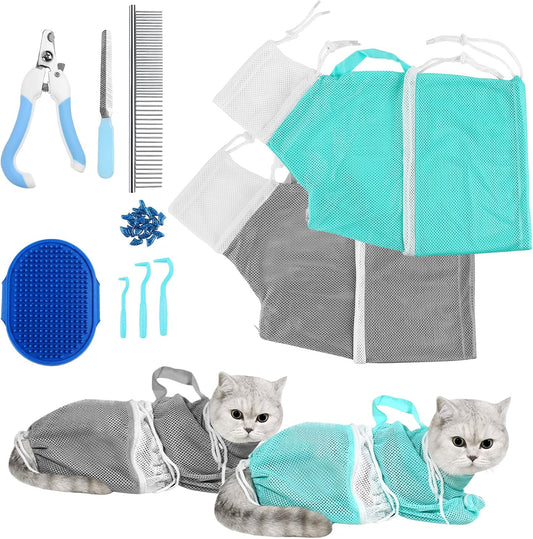 JULMELON 10 PCS Cat Washing Bag for Bath Shower Adjustable Net Grooming Set