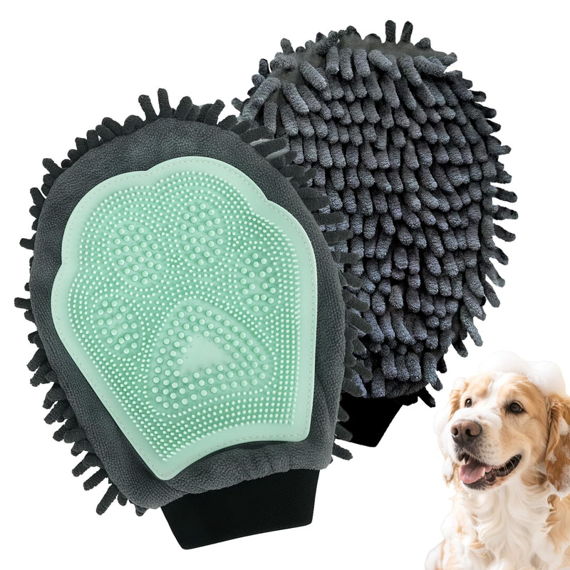 Histotree Green Double-Sided Dog Bath Glove Dog Washing Glove Massage Dog Brush Glove for Dogs and Cats Chenille Absorbent Pet Towel Mitt Pet Grooming Glove for Hair Removal Glove