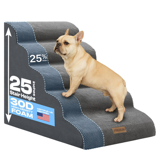 Miorun Extra Wide Dog Stairs for Large Dogs Up to 80lbs, 25" Pet Steps for High Bed with Washable Cover, 5-Step Foam Bed & Couch Ladder for Small Medium Dogs & Senior Cat, Gray