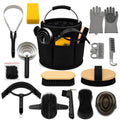 Horse Grooming Kit For Care Bathing & Shedding Brushes & Curry Combs with Organizer Bucket & Silicone Grooming Gloves Al