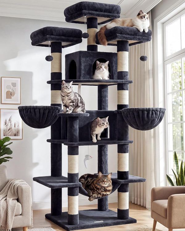 Globlazer Big Cat Tower for Indoor Cats, 80inch Cat Tower for Multiple Adult Cats XXL Cat Tree with Scratching Post, Hammock, 3 Perches, 2 Condos, 2 Hanging Basket, F80, Dark Grey