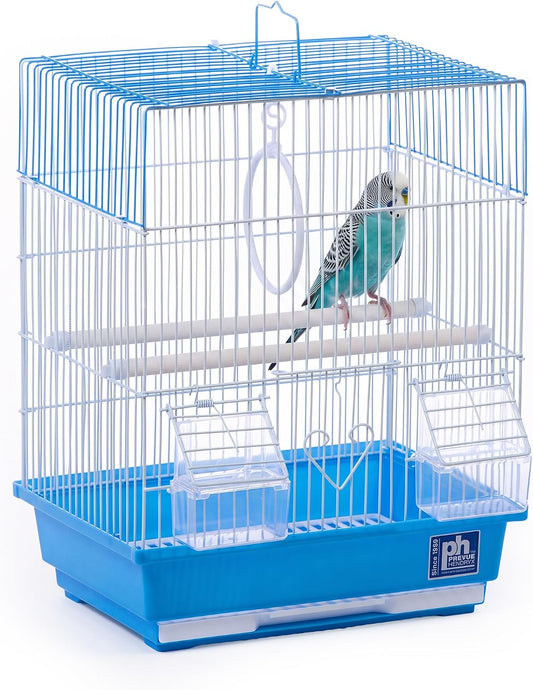 Prevue Pet Products Parakeet Square Roof Bird Cage with Handle - Carrier for Home or Travel, Small Bird Accessories, Easy Storage, for Canaries, Budgies, Finches, Parakeets, and More - Blue & White