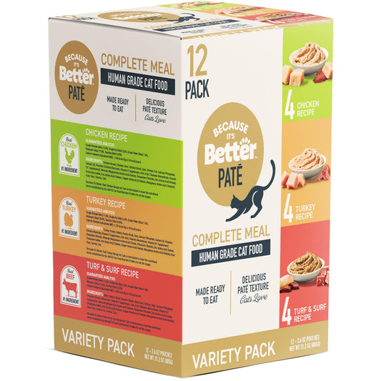 Because It’s Better Pate Complete Meal - Wet Cat Food - Variety Pack - Ocean, Turkey & Chicken Flavors - Organic, Balanced, Smooth Pate Texture, Human-Grade Ingredients, 2.6 oz Pouches (12 Count)