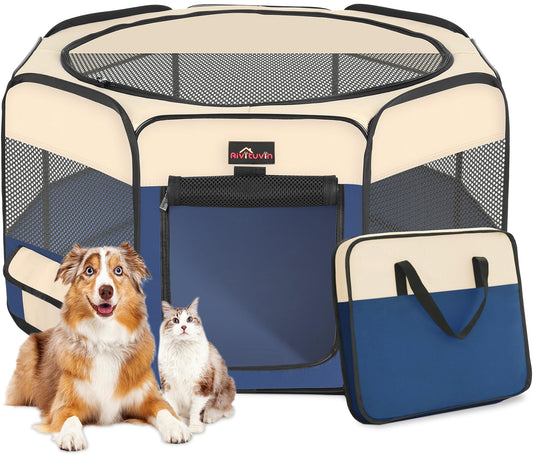 Aivituvin Dog Playpen, Foldable Pet Play Pens with Carrying Bag for Cat, Puppies, Rabbits, Portable Dog Tent Crates Cage for Travel Camping Indoor Outdoor, Removable Shade Cover, Blue S