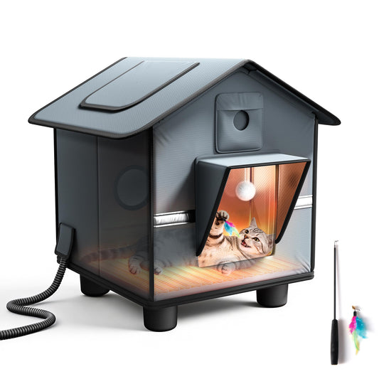 Heated Cat House for Outside for Winter - Elevated Weatherproof Feral Cat Shelter with Aluminum Insulation & 30W Heating Pad, Waterproof Outdoor Pet House for Single Small Cat Up to 12lbs, Barn Porch