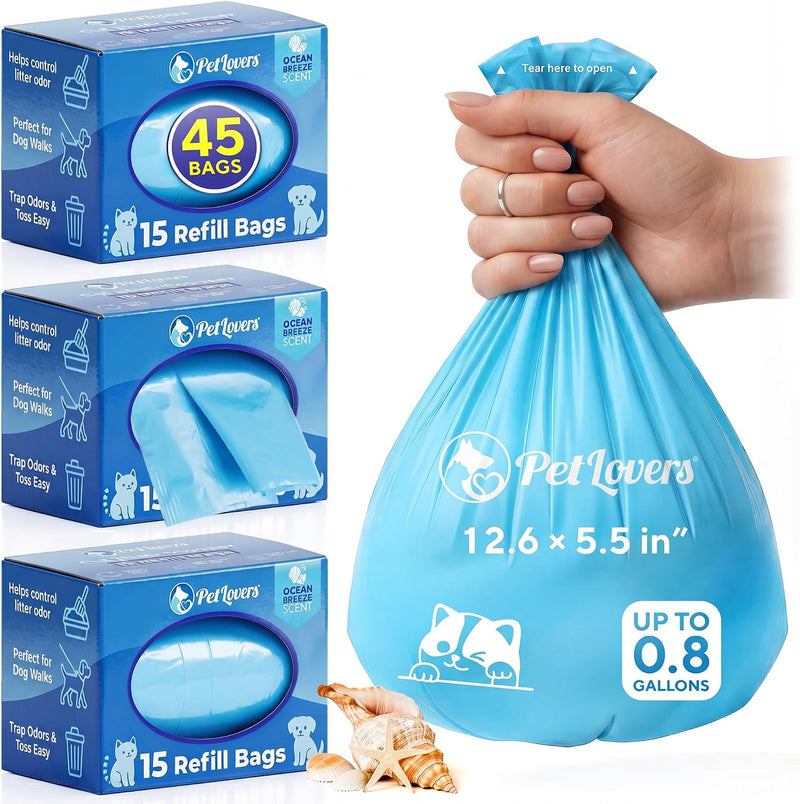 PetLovers Cat Litter Scooper Refill Bags, 45 Count (3 Rolls x 15) Odor Control with Fresh Scent, Thick Leak-Proof Easy T