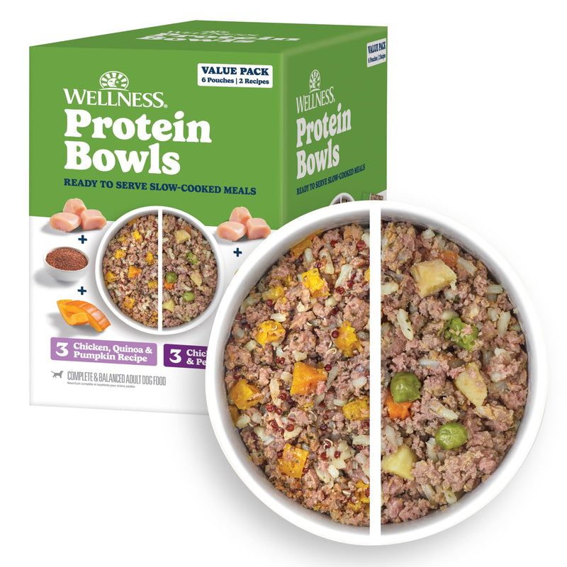 Wellness Protein Bowls Variety Pack Adult Wet Dog Food, Fresh Alternative, Wholesome Grains, Natural, Chicken Recipes, 6.2 oz, Pack of 6 Pouches