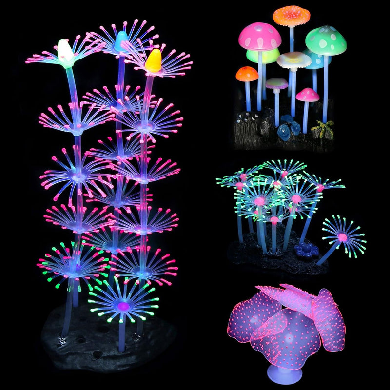 Lpraer 4 Pack Glow Aquarium Decorations Coral Reef Glowing Mushroom Anemone Simulation Glow Plant Glowing Effect Silicon