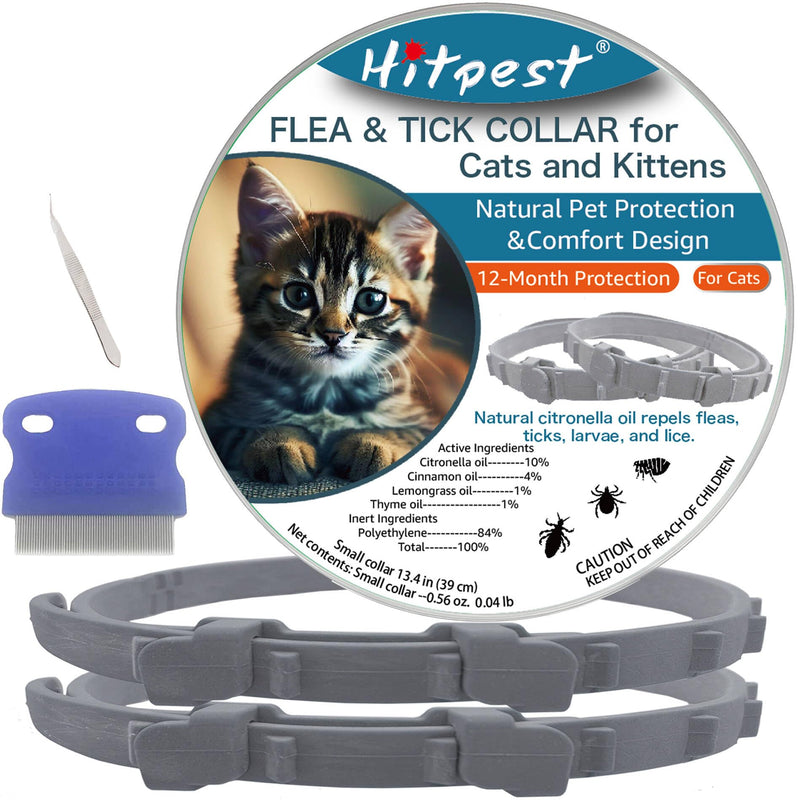 Hitpest Flea and Tick Collar for Cat, 12 Months Protection, Upgraded Version, Soft and Comfortable, Prevents Fleas and Ticks, Includes Tweezers and Flea Comb, 2-Pack