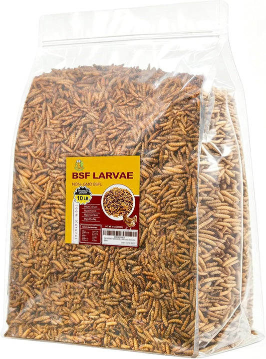 GOLDWORMS 10LB Dried Black Soldier Fly Larvae, 85X More Calcium Chicken Feed Than Mealworms, 100% Natural Non-GMO BSF, Treat for Chickens, Ducks, Laying Hens, Birds