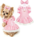 ABRRLO Cute Plaid Small Dog Cat Harness Dress Outfits with Bow & Leash D-Ring,Soft Breathable Summer Ruffle Puppy Clothe