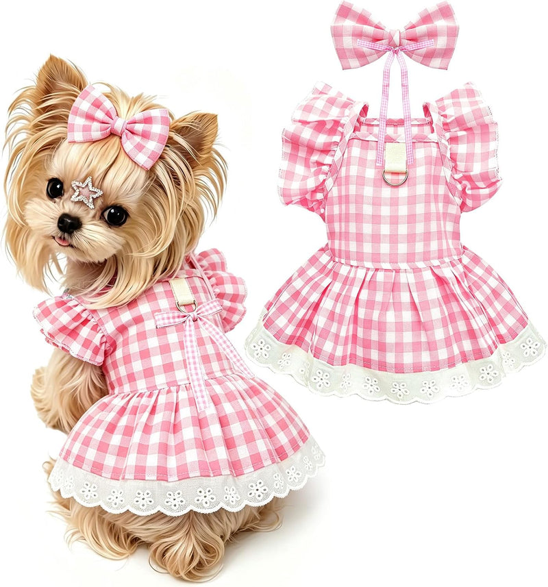 ABRRLO Cute Plaid Small Dog Cat Harness Dress Outfits with Bow & Leash D-Ring,Soft Breathable Summer Ruffle Puppy Clothe