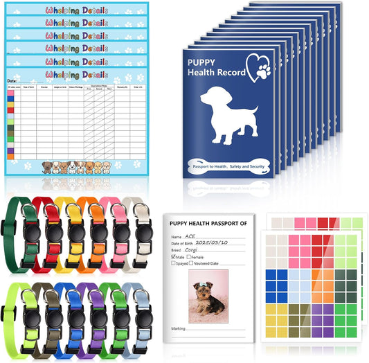 Puppy Whelping Supplies Kit Include 12 Puppy Shot Record Booklets 6 Record Keeping Charts 12 Coloured Soft Nylon Puppy I