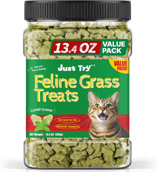 Just Try Cat Treats for Indoor Cats Hairball Control Natural Salmon Healthy Cat Grass Treats Kitten Snacks Training Biscuits Catnip for Cats Dental Care 13.4 OZ