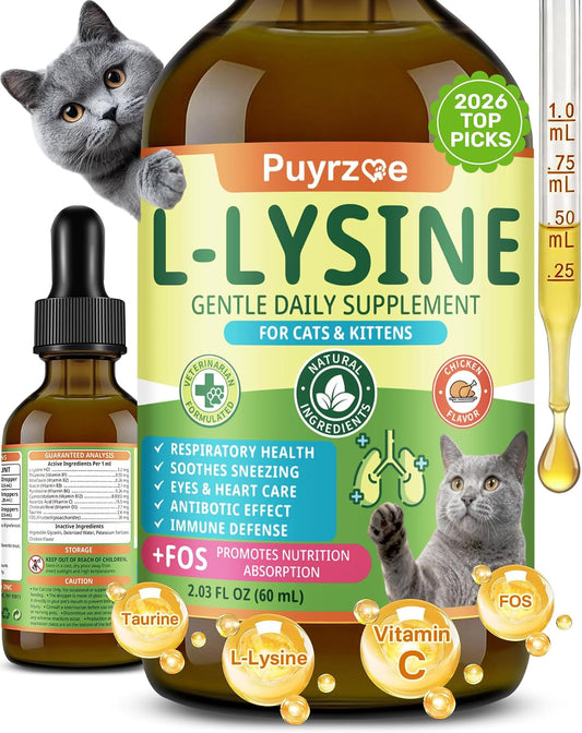 Puyrzoe L-Lysine for Cats Drops – Sneezing, Runny Nose & Watery Eyes Relief, Liquid Cat Lysine Supplement for Immune & Respiratory Support with Taurine & Vitamins, to Boost Energy & Appetite, 60 mL