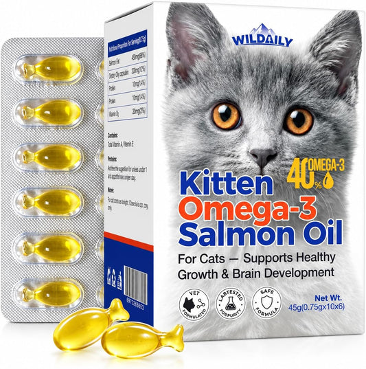 Wildaily High DHA Omega 3 Fish Oil for Cats(60 Ct), Wild Salmon Oil, Brain, Vision & Immune Support, Easy-to-Twist-Off Softgel, Salmon Flavor for Healthy Skin & Coat