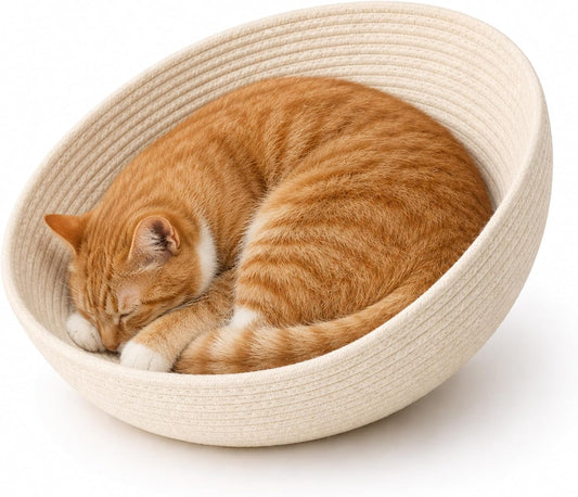 BonHautier Cotton Rope Cat Bed Mat for Space Capsule, 13.8" Breathable Round Nest Liner, All-Season Warm & Cooling Pet Pad, Washable Scratch-Resistant Bedding for Cat Tree & Clear Bowl (Off White)