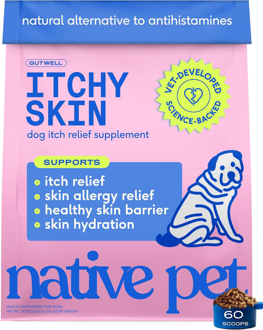 Native Pet Itchy Skin - Dog Itching Skin Relief - Vet-Formulated Gut-Skin Support, Seasonal Allergies, Healthy Skin Barrier - 60 Scoops