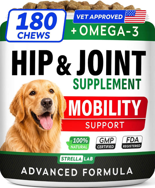 Glucosamine for Dogs w/Chondroitin - Hip & Joint Supplement for Dogs w/Omega-3 Fish Oil - Chondroitin MSM - Advanced Mobility Chews - Joint Pain Relief - Hip & Joint Care - Made in USA (180Ct)
